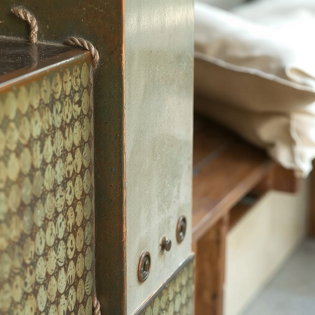 Close up of a copper water wall texture contrasted with soft beige outdoor lounge cushions
