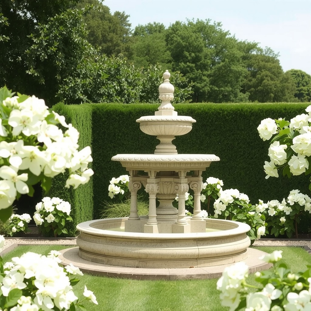 A dramatic three-tier classical stone fountain acting as a centerpiece in a lush flower garden