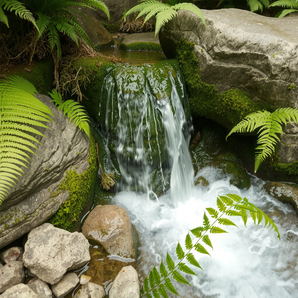 Lush ferns and mossy rocks framing a small naturalistic stream waterfall