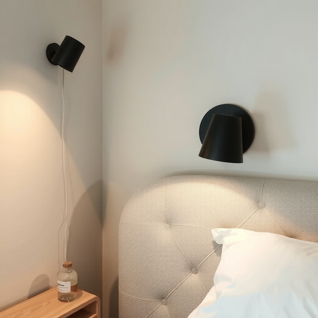 A cozy corner illuminated by a sleek matte black wall sconce casting a warm pool of light over a floating shelf and textured wall.