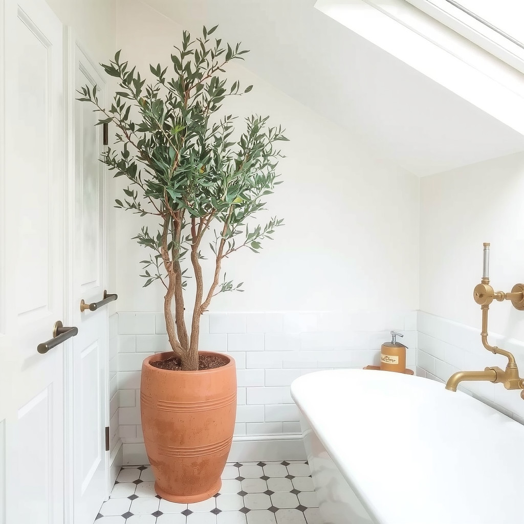 A bright bathroom space with a tall olive tree in a terracotta pot standing against white subway tiles, bathed in natural light.