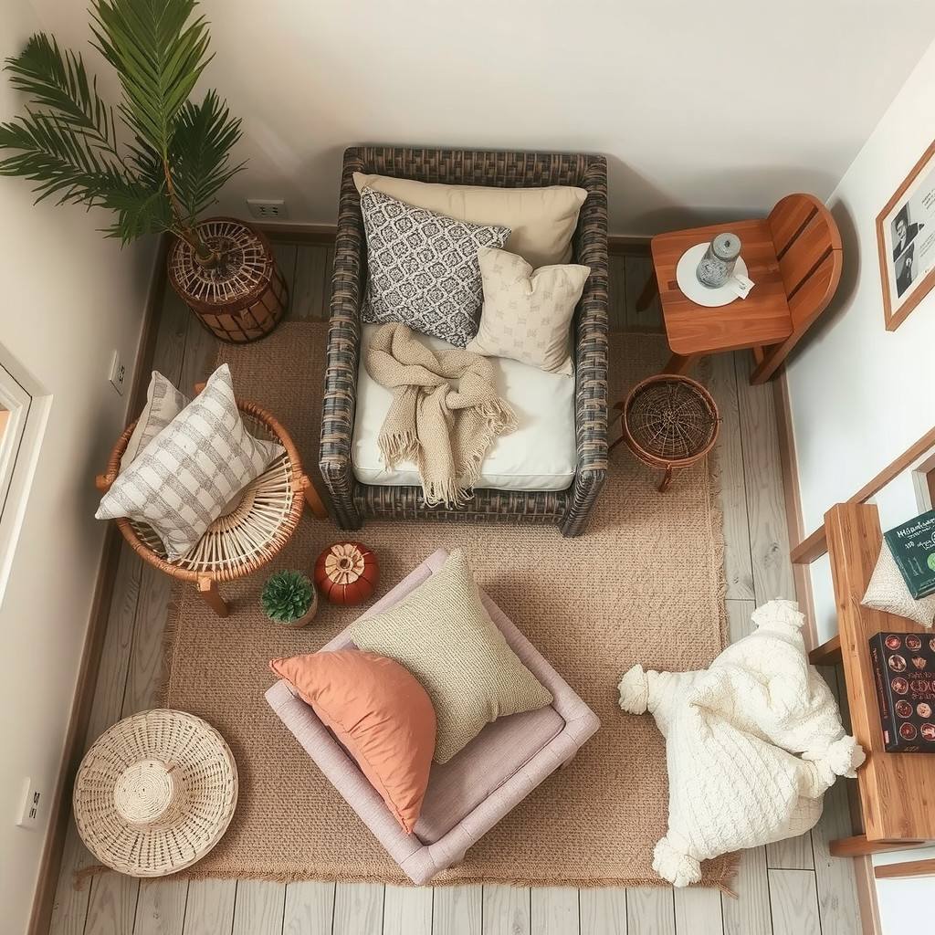 A small living room with natural materials and textiles