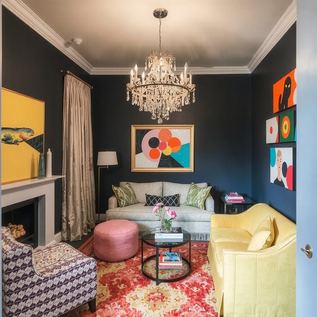 A small living room with a statement light fixture