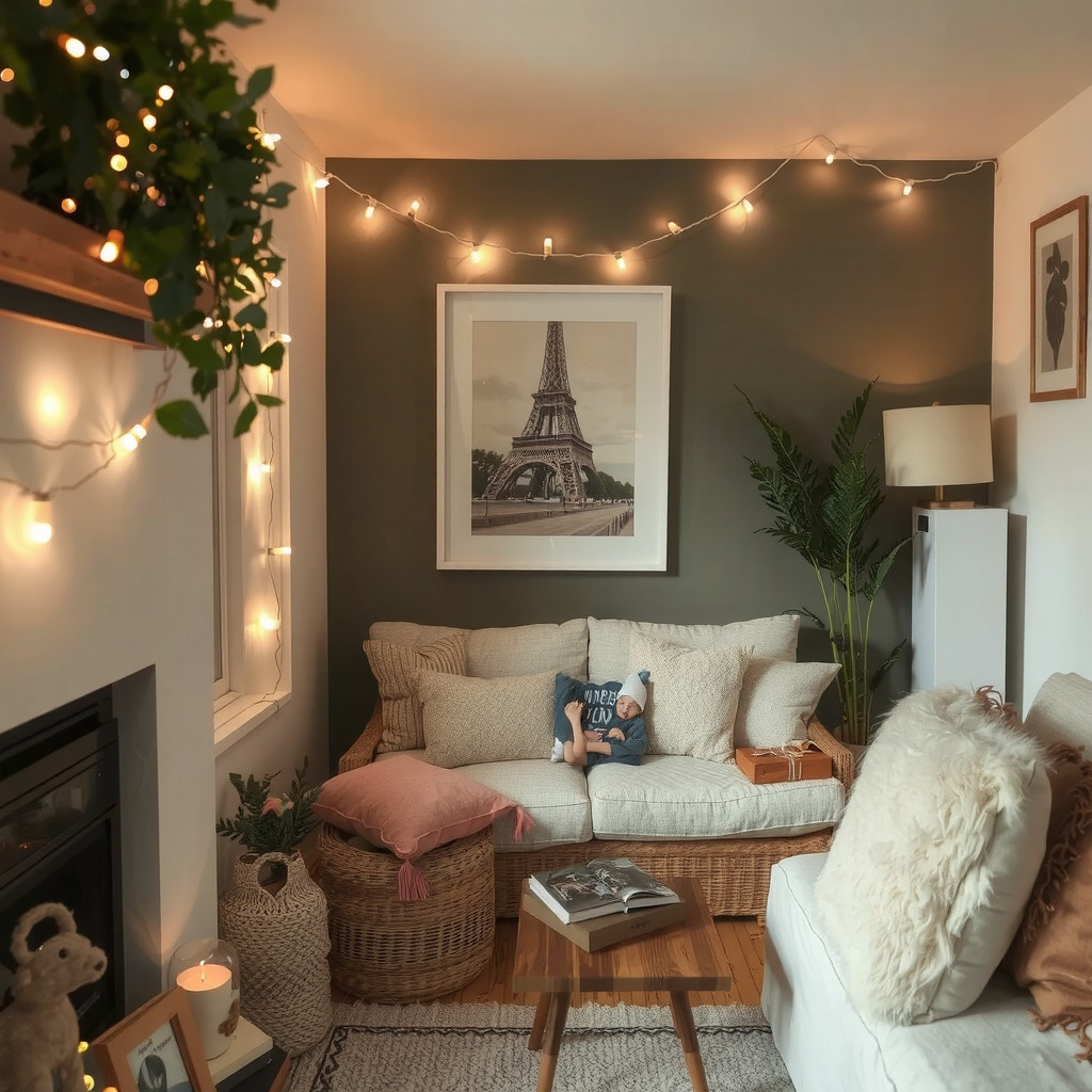 A small living room with string lights