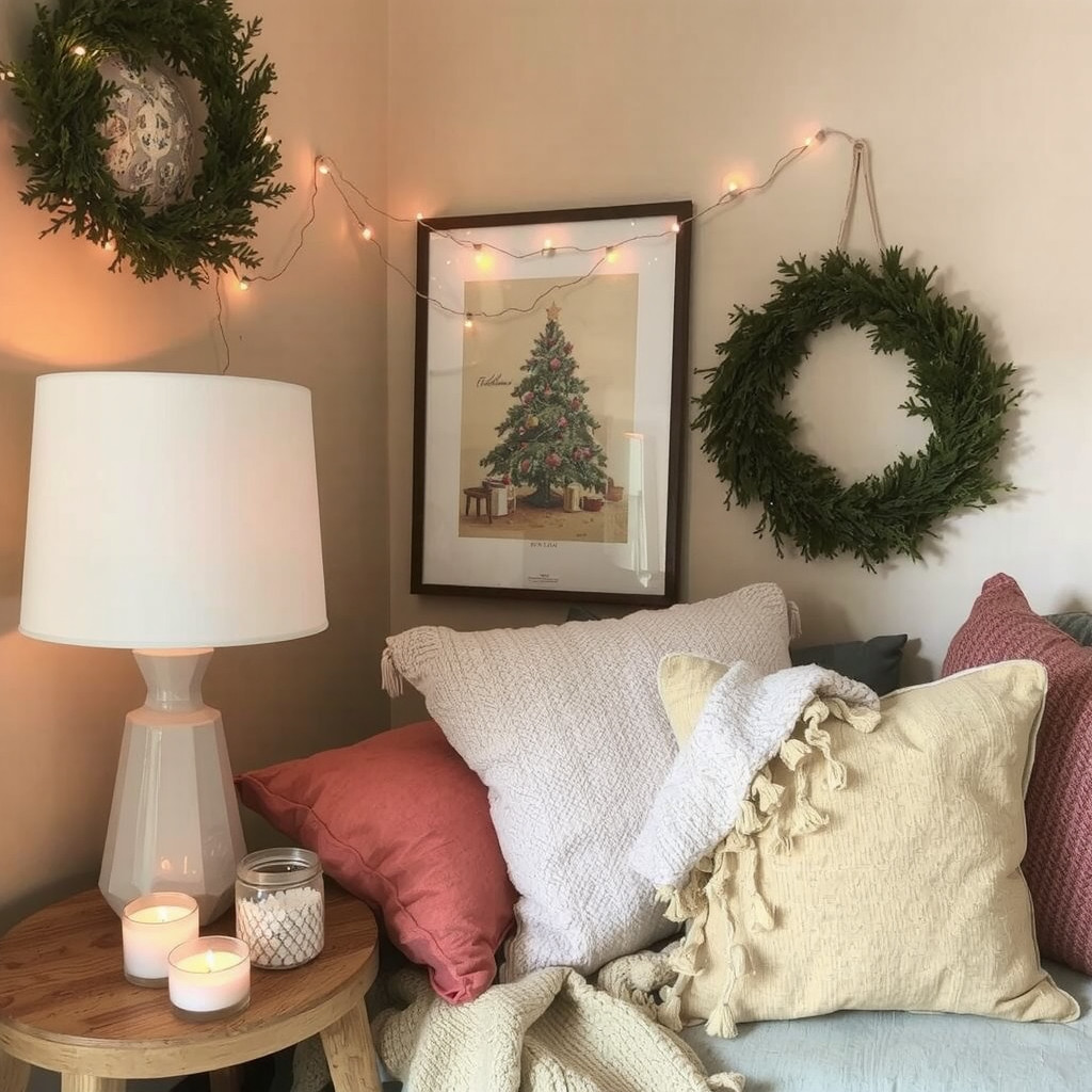 A room with a table lamp and a string of fairy lights
