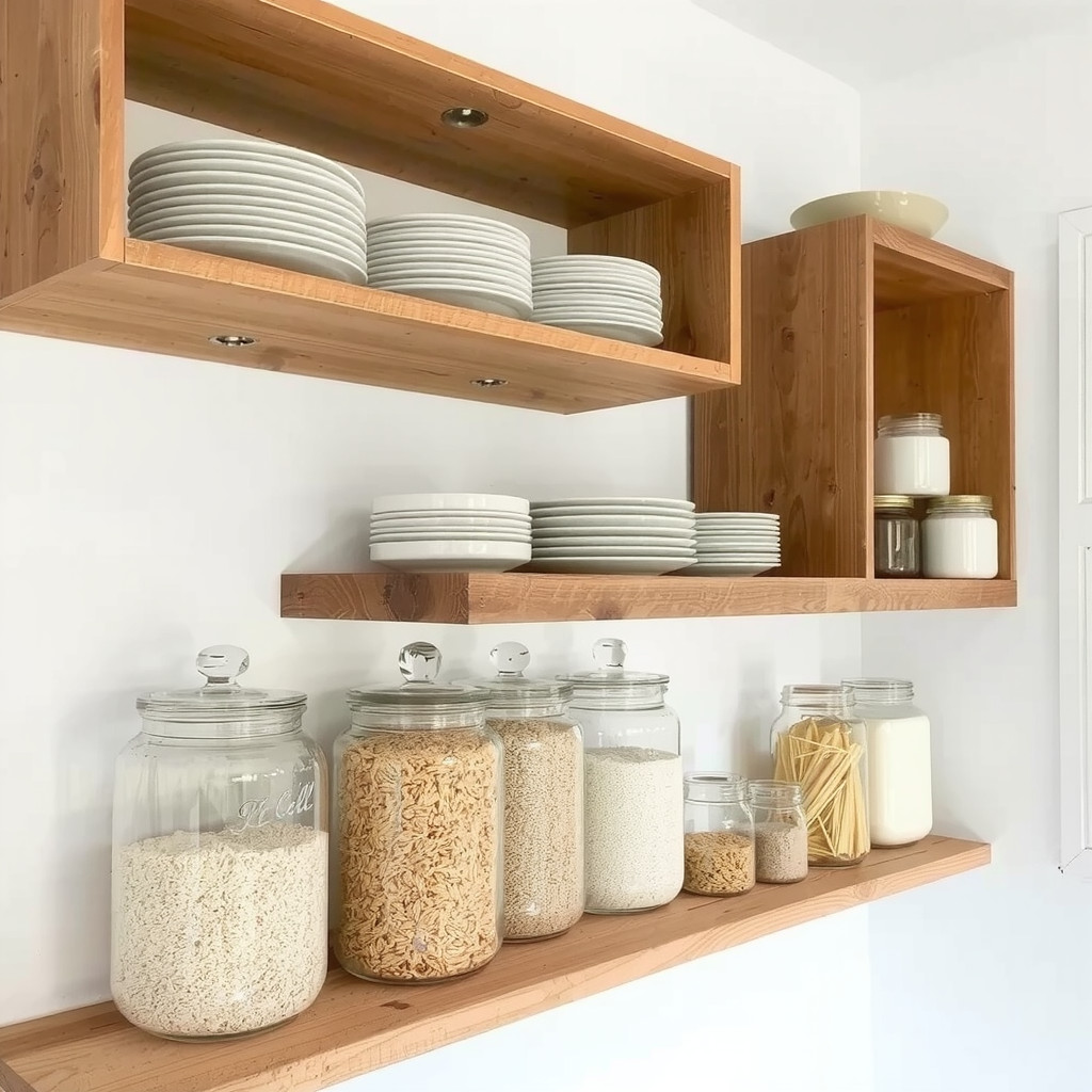 A detailed interior shot of rustic floating pine shelves