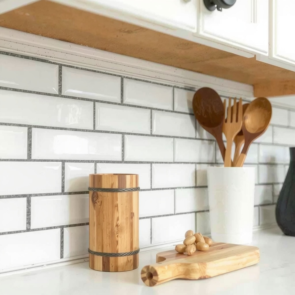 A close-up macro view of glossy white subway tiles