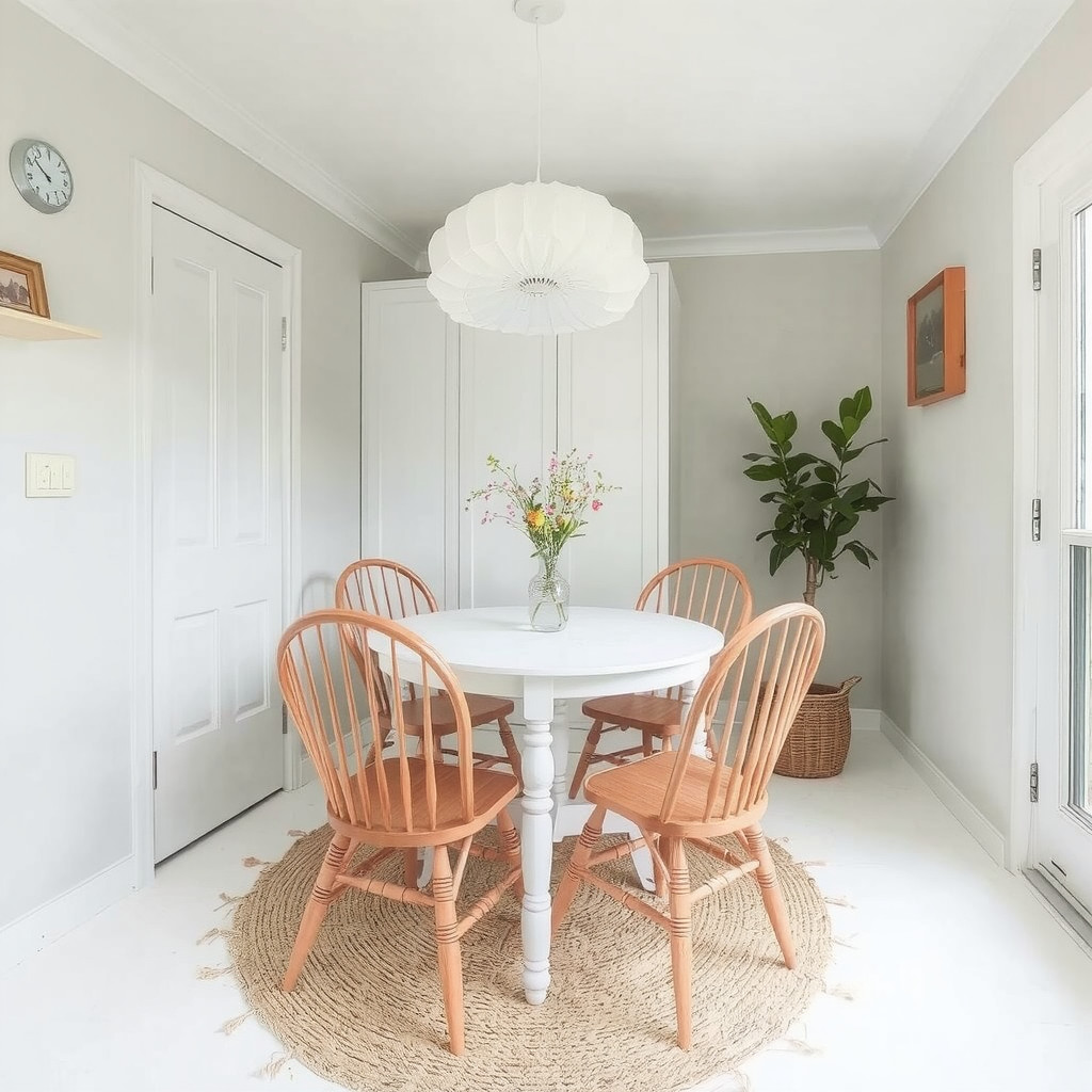 A charming kitchen dining nook with paper pendant