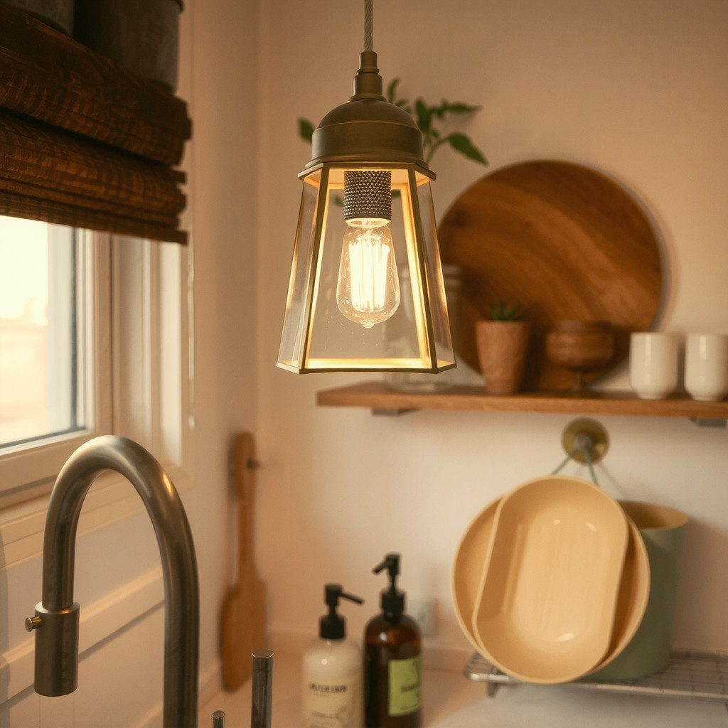 A warm and intimate evening vignette with brass pendant