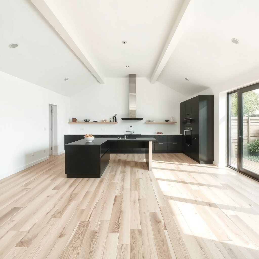 An open-plan kitchen with a minimalist aesthetic and abundant natural light