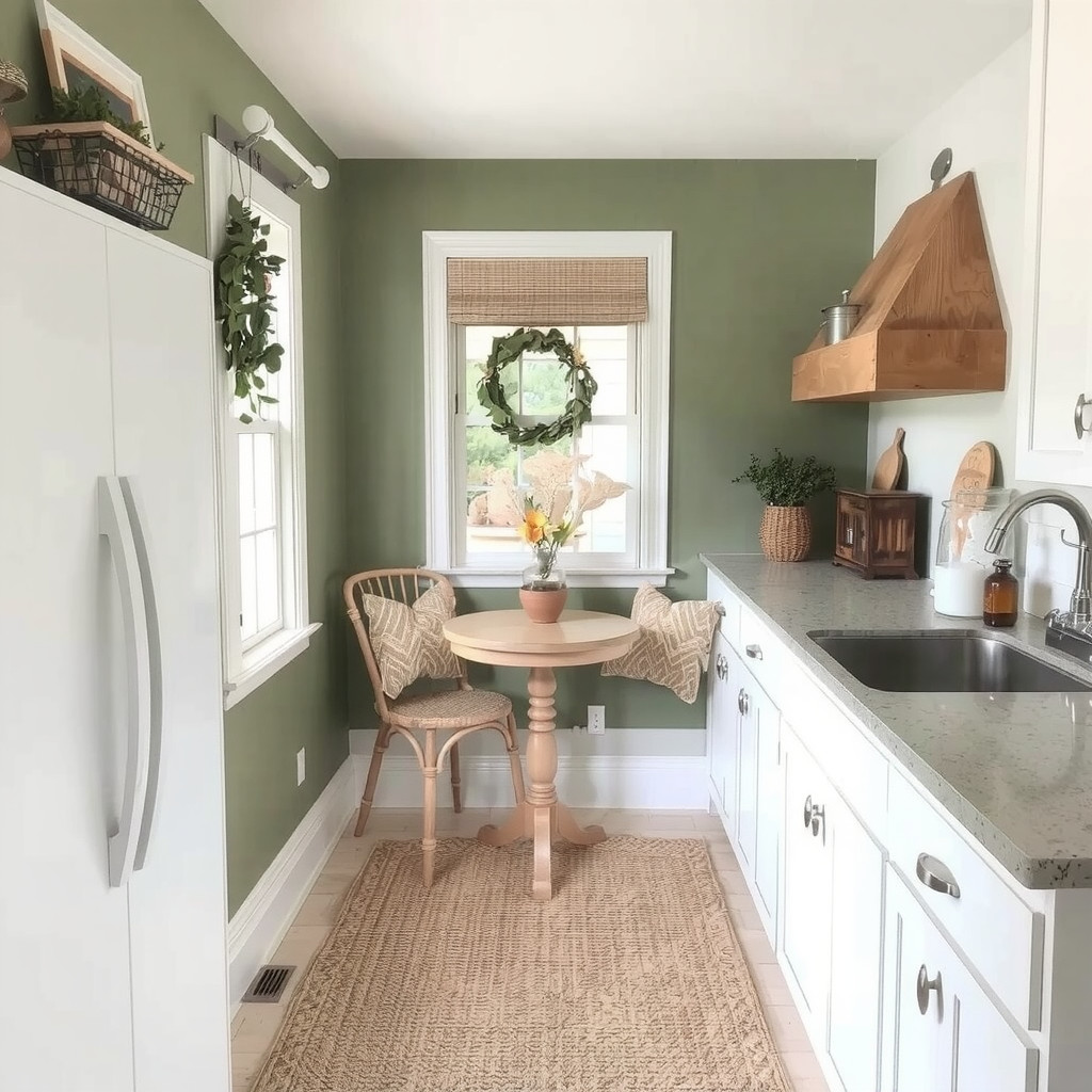 A cozy kitchen nook with a woven rug and laminate countertops