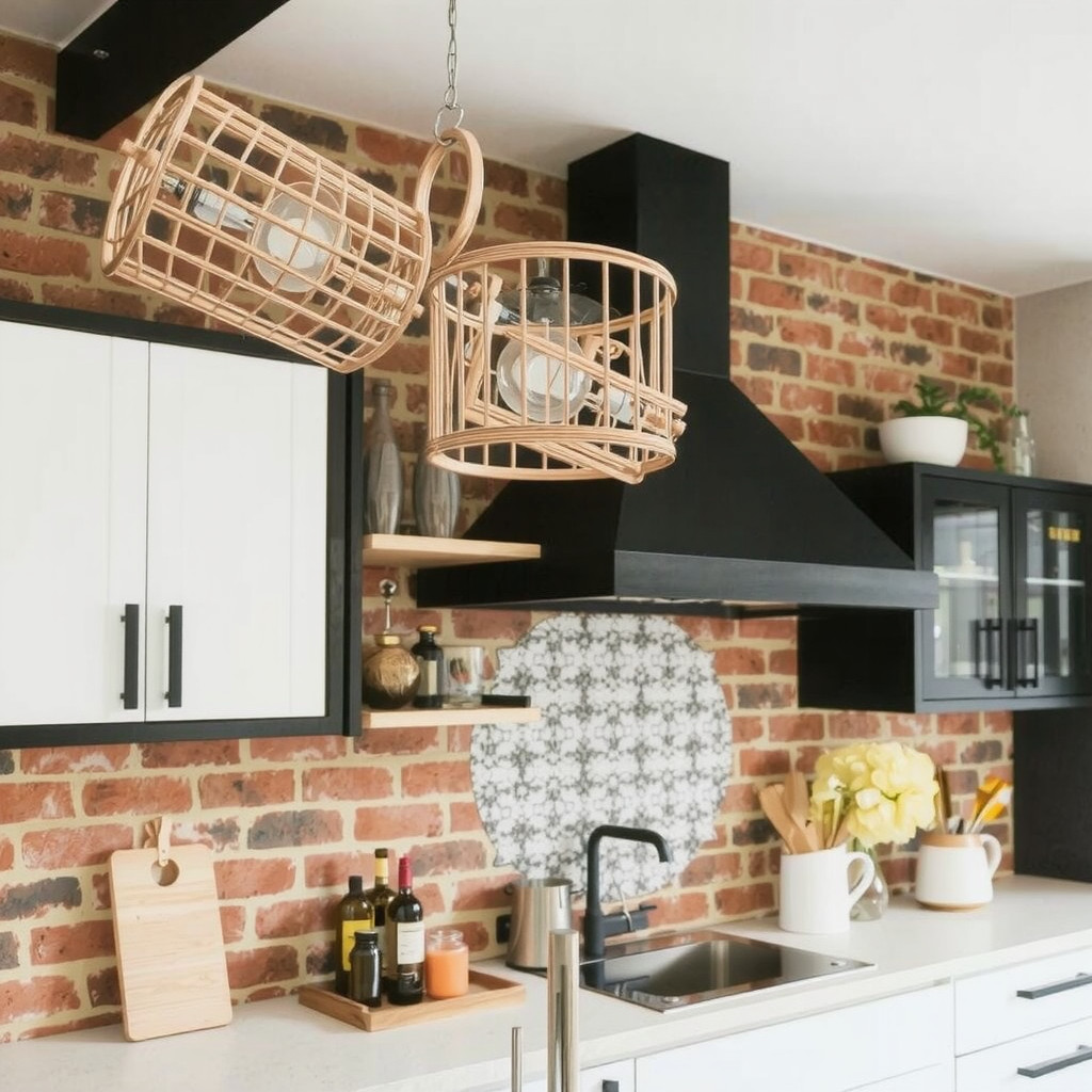 A kitchen with a statement light fixture and decorative backsplash
