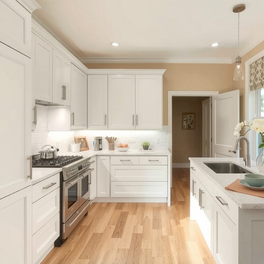A well-lit kitchen with a combination of overhead and under-cabinet lighting