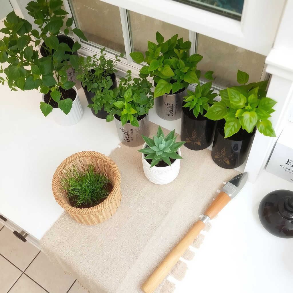 A kitchen windowsill with potted herbs and succulents