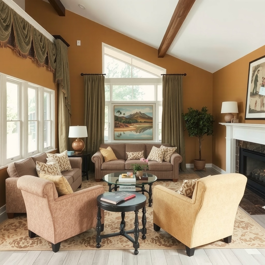 A cozy living room with a conversational furniture arrangement