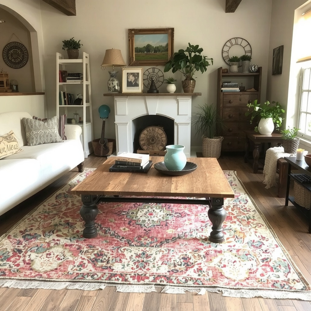 A vintage rug and reclaimed wood coffee table in a rustic living room