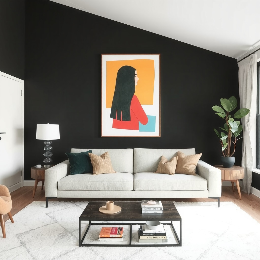 A bold piece of art above a sleek, low-profile sofa