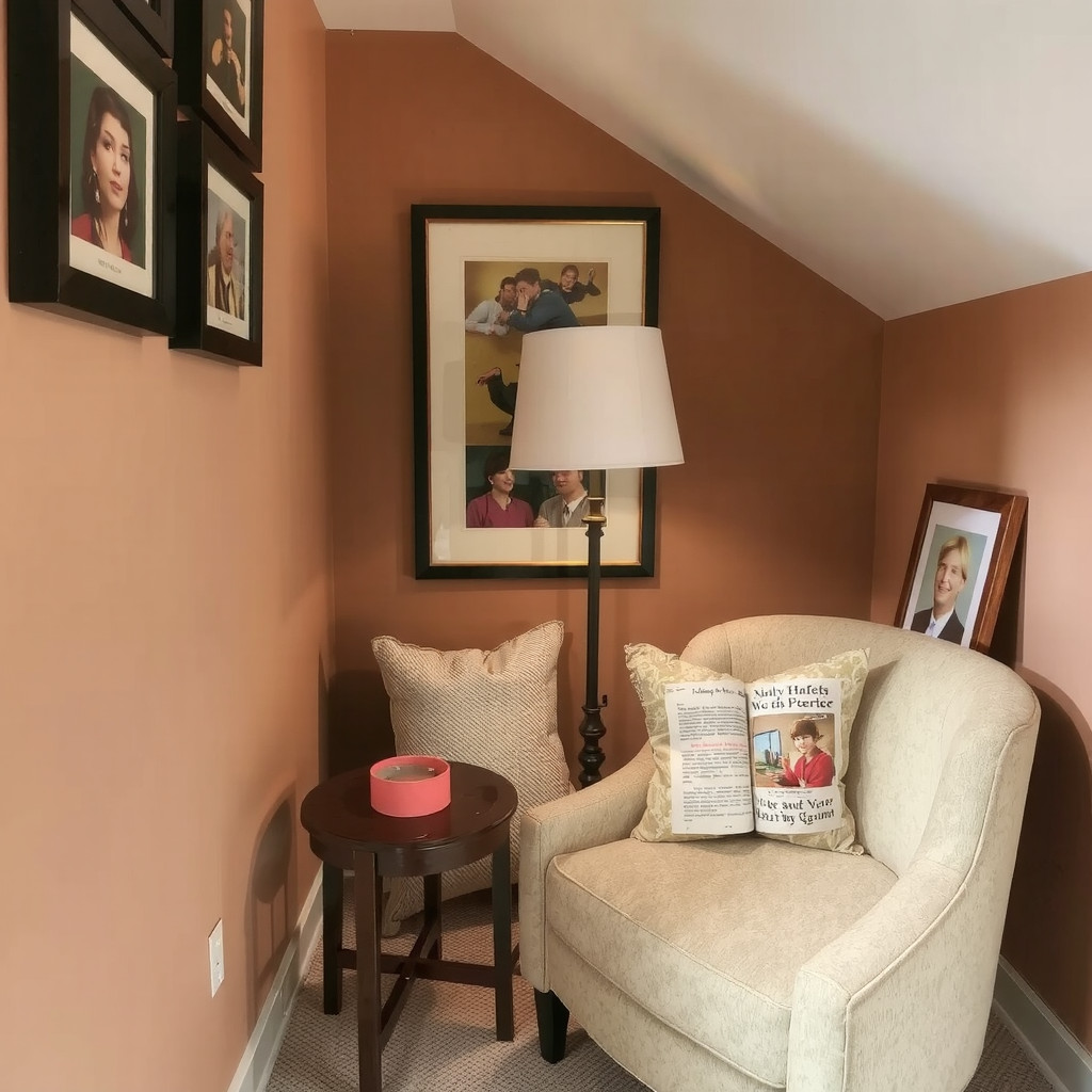 A cozy reading nook with a table lamp and a plush armchair
