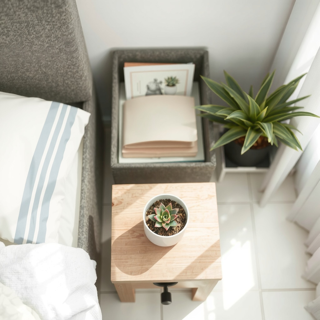 A small potted succulent on a bedside table