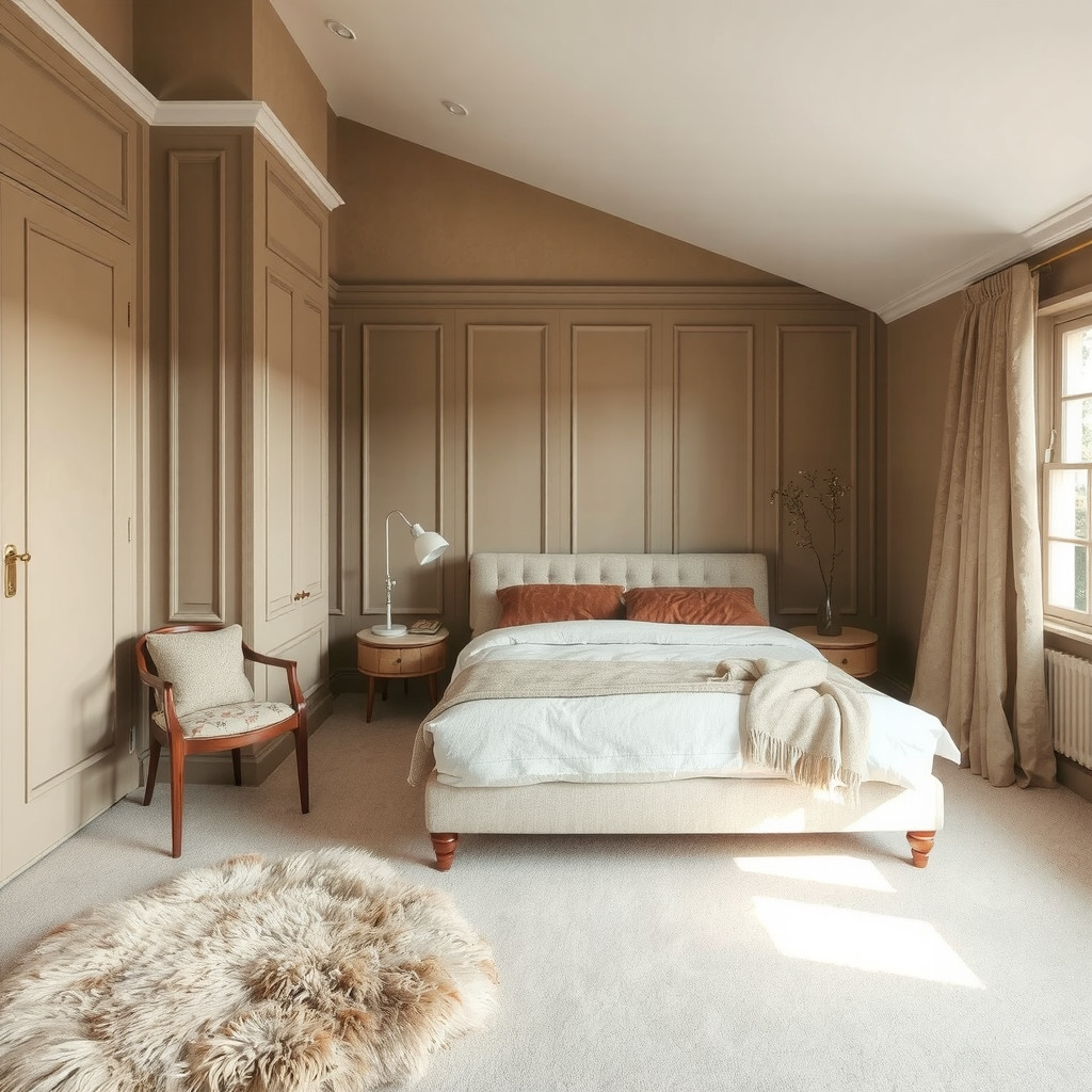 A bedroom with a bed in a commanding position and a reading nook