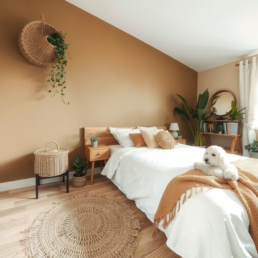 A bedroom with a wooden headboard and a woven basket