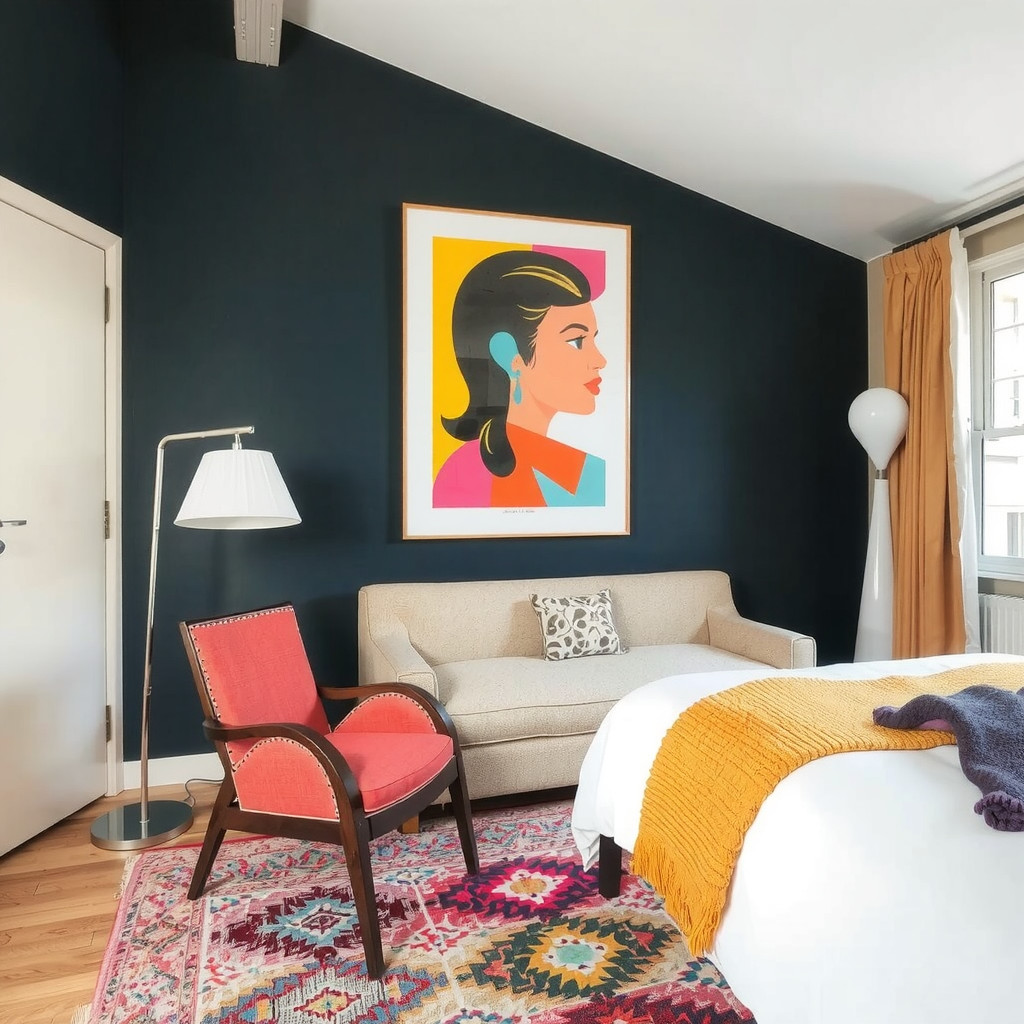 A bedroom with a statement piece of art and a colorful rug