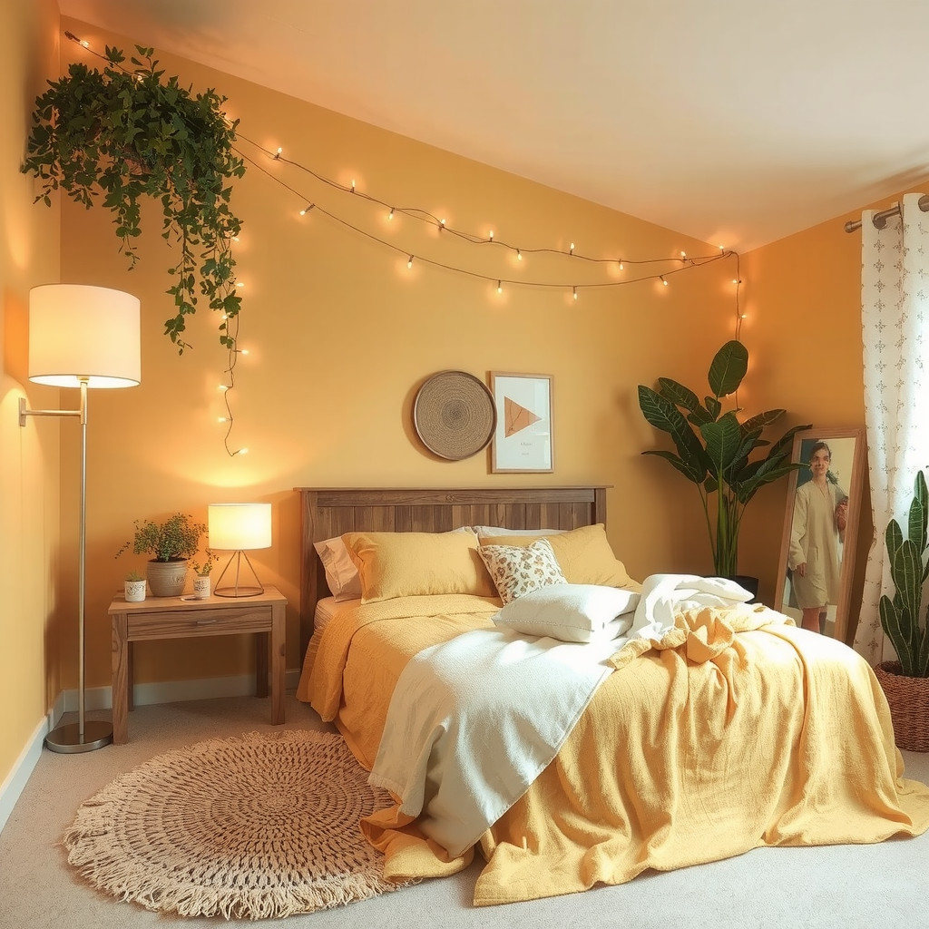 A bedroom with table lamps and string lights