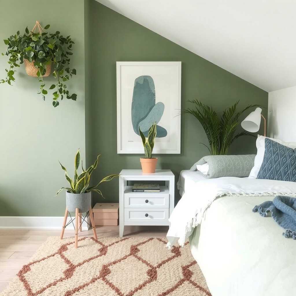 A bedroom with a snake plant on a bedside table