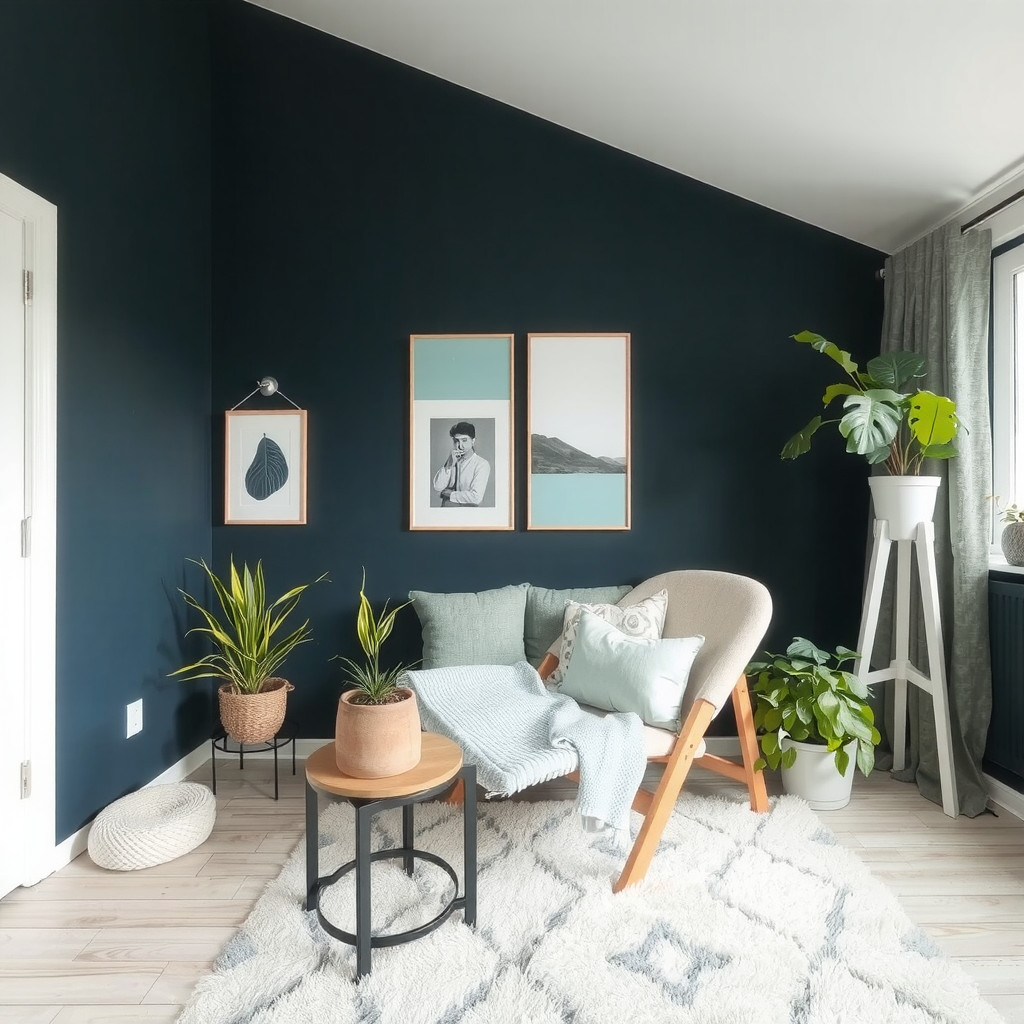 A bedroom with a dark blue wall and a few potted plants