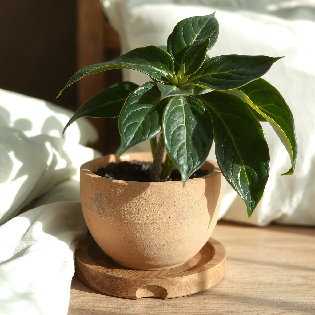 Close-up of a textured ceramic planter on a wooden nightstand next to soft linen bedding