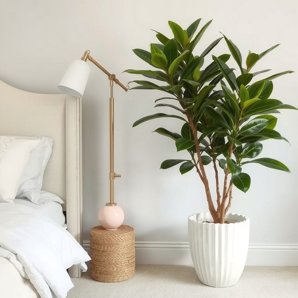 A tall architectural plant standing in a bedroom corner as a focal point