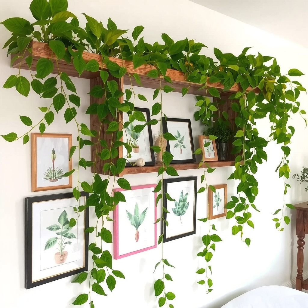 A curated shelf display featuring trailing Pothos and resilient potted plants