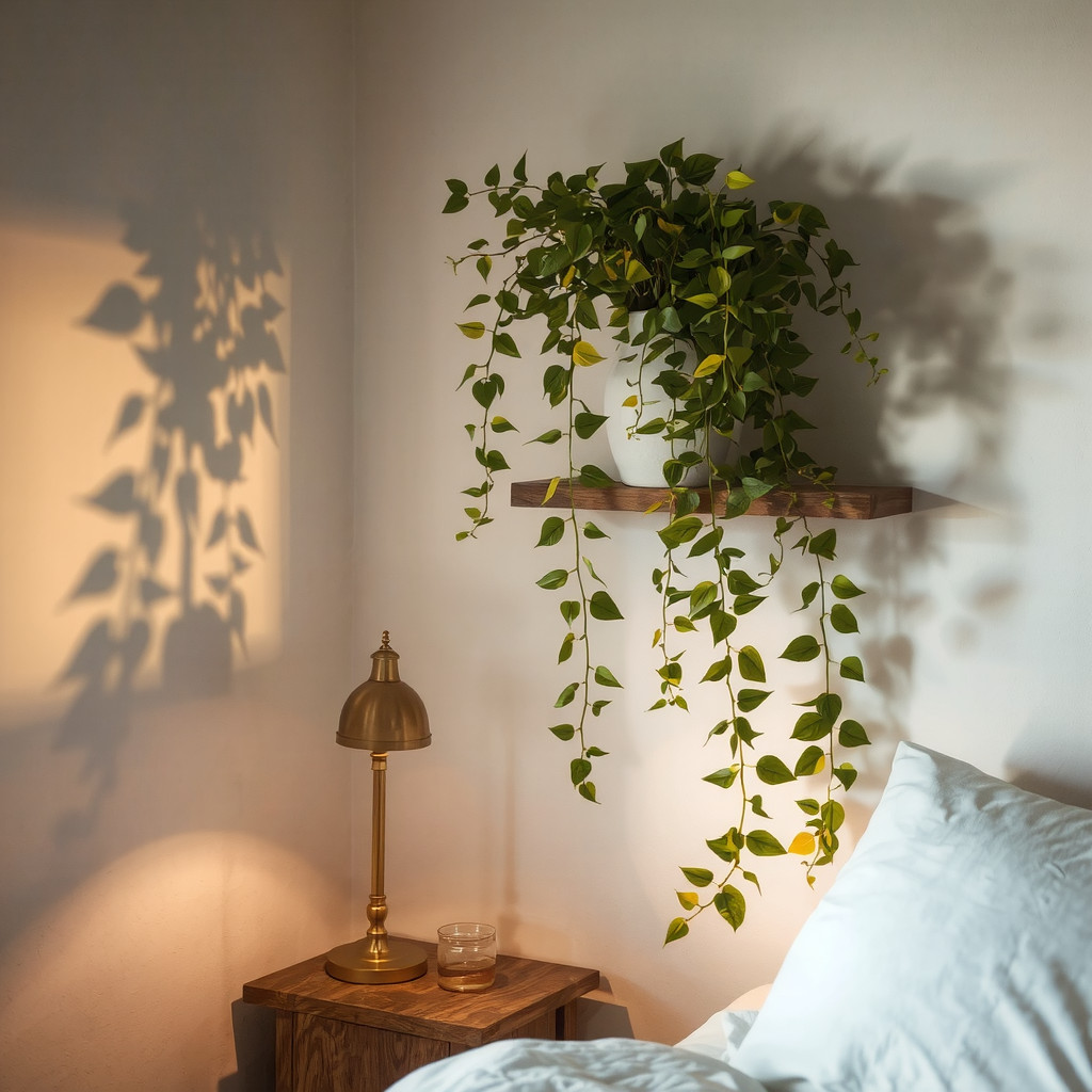 Evening bedroom lighting with plants