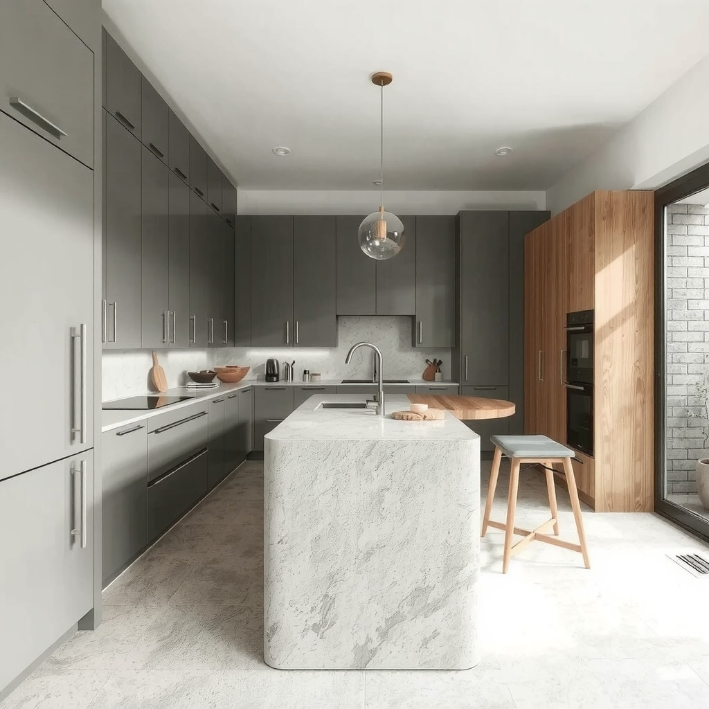 Narrow kitchen with island and clear traffic paths
