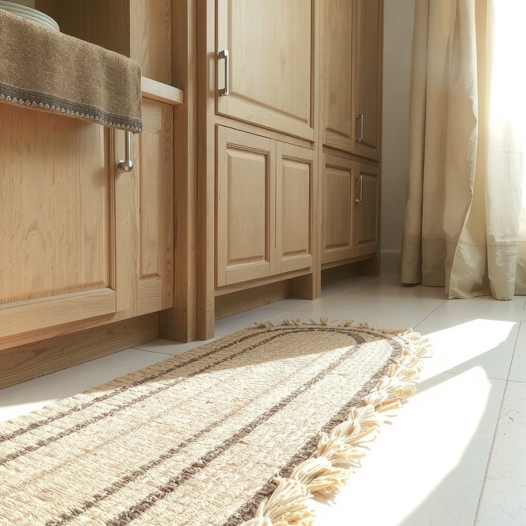 Close-up of matte laminate cabinets and woven rug