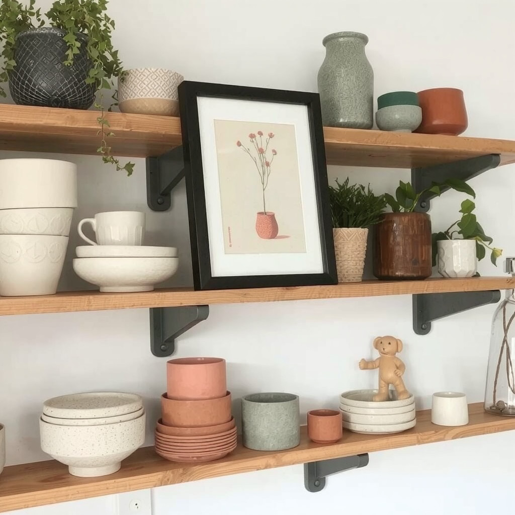 Open shelf styling with ceramics and a framed print