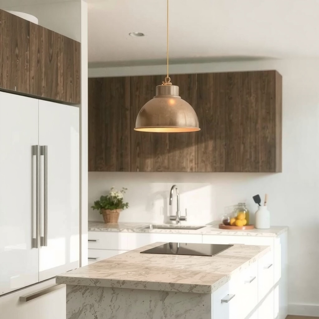 Warm pendant light over small kitchen island