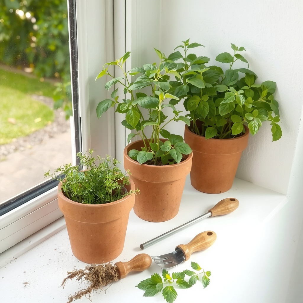 Windowsill herbs in terracotta pots with morning light