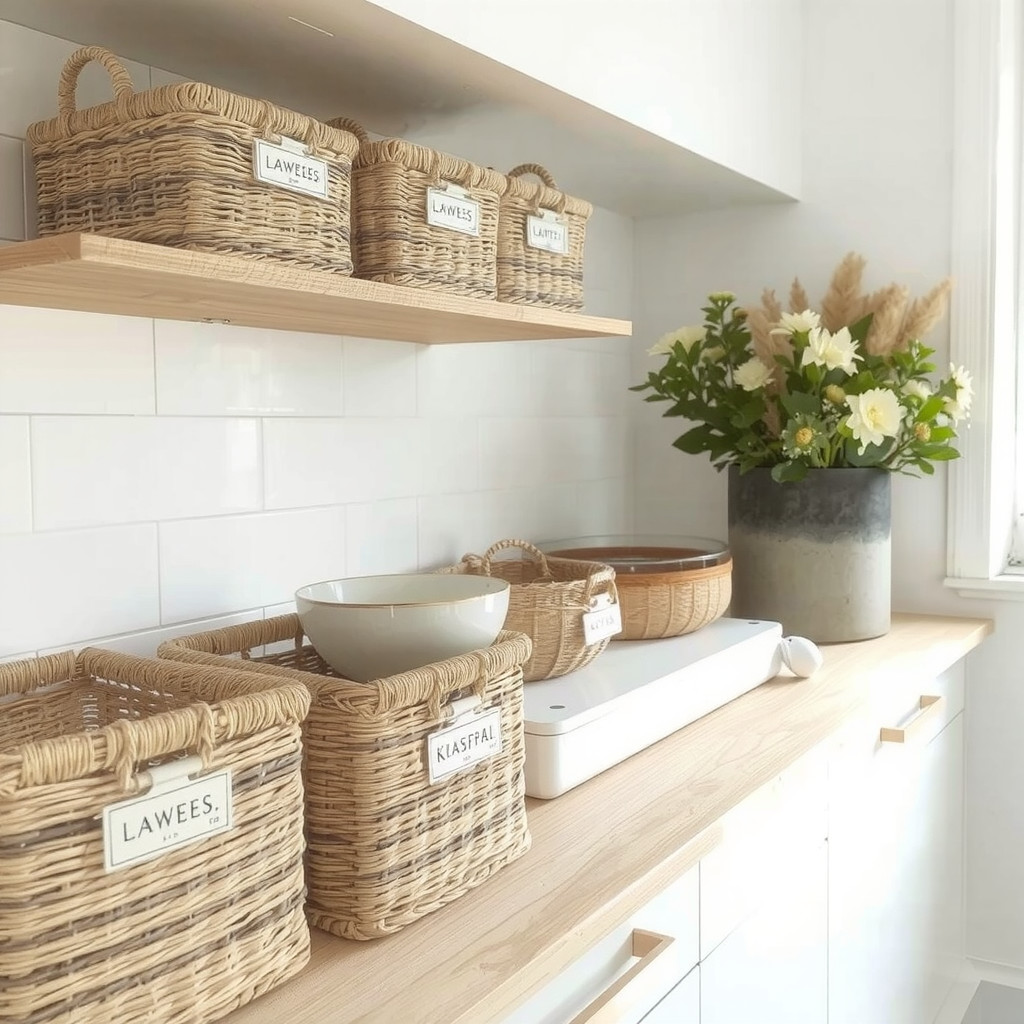 Styled countertop with minimal accessories and labeled baskets