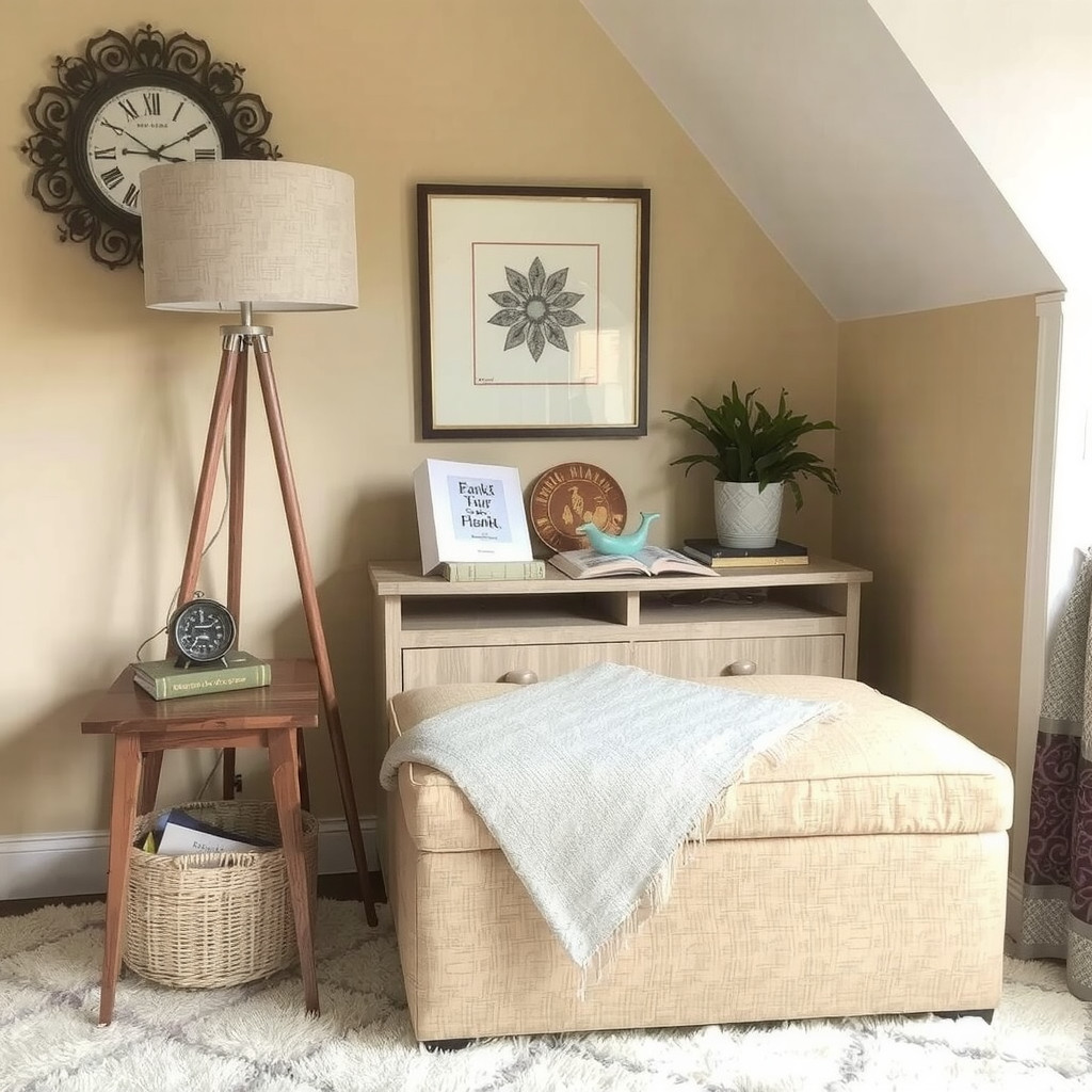 A storage ottoman in a cozy reading nook