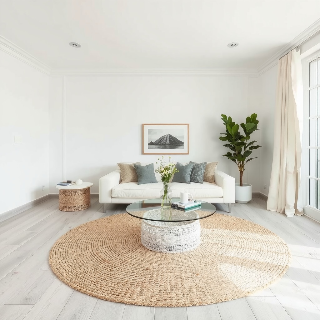 A light-colored living room with a woven rug and throw pillows