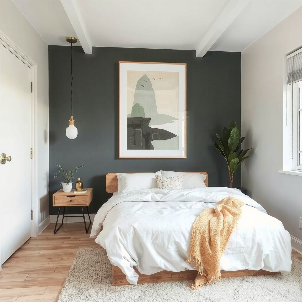 A small bedroom with a statement piece of art above the bed