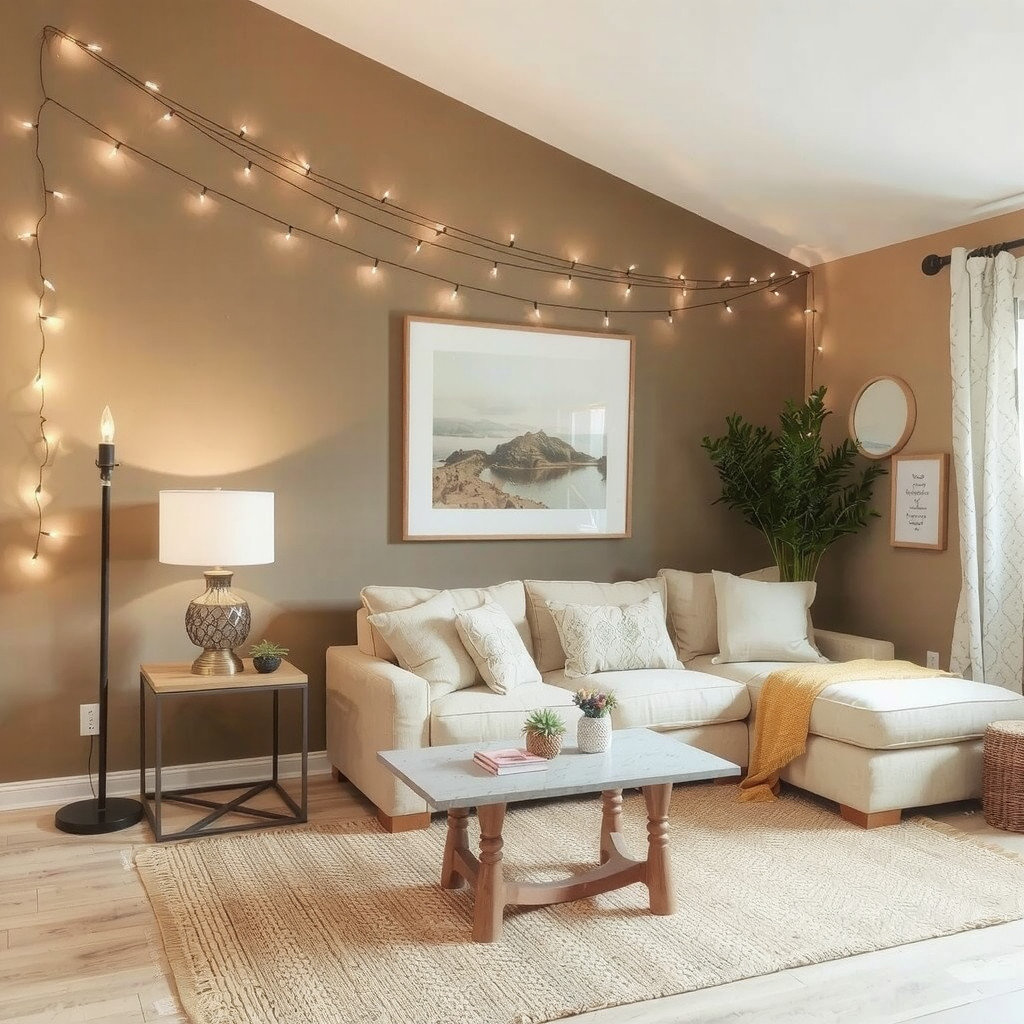 A cozy living room with string lights and a table lamp