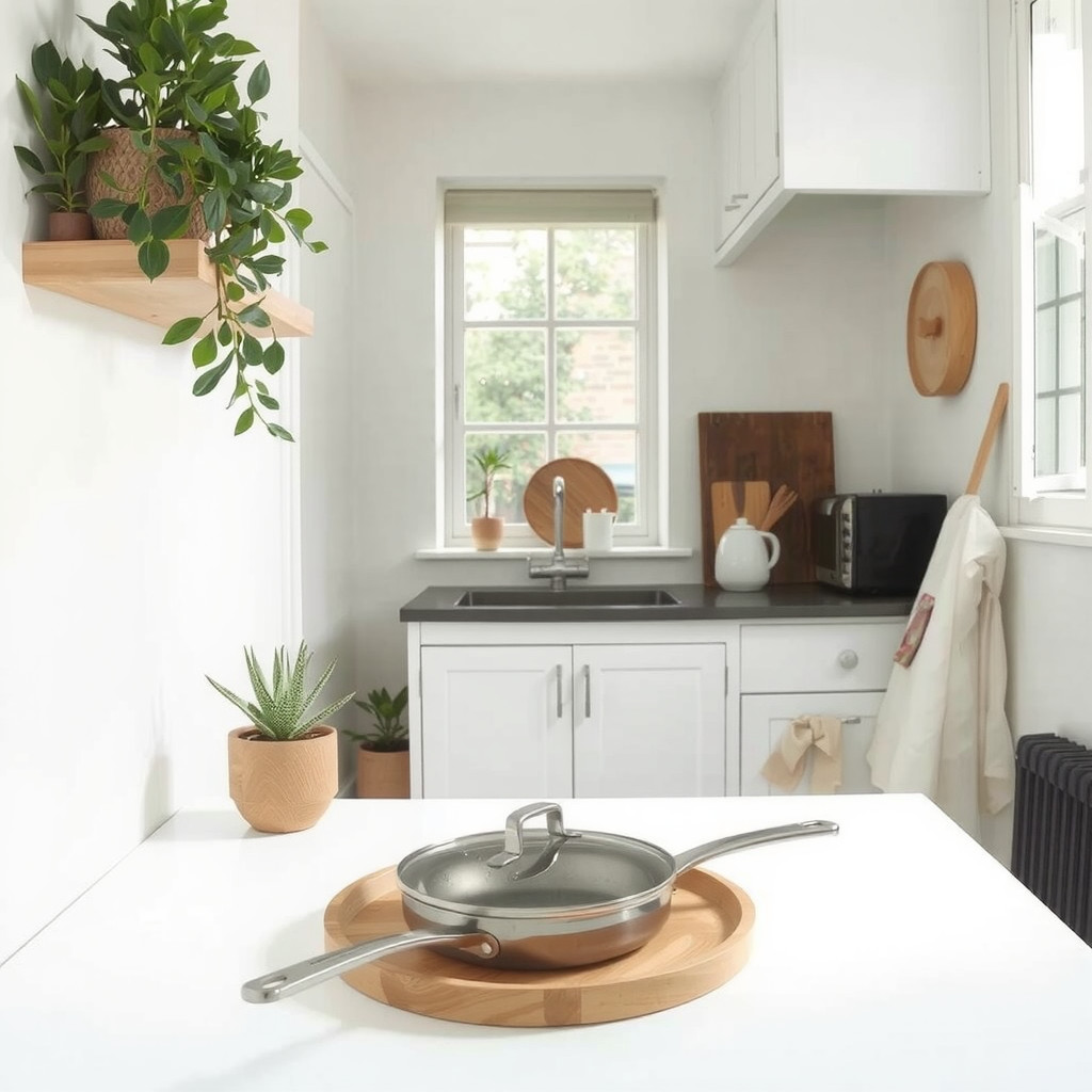 A small kitchen with a potted succulent on the windowsill
