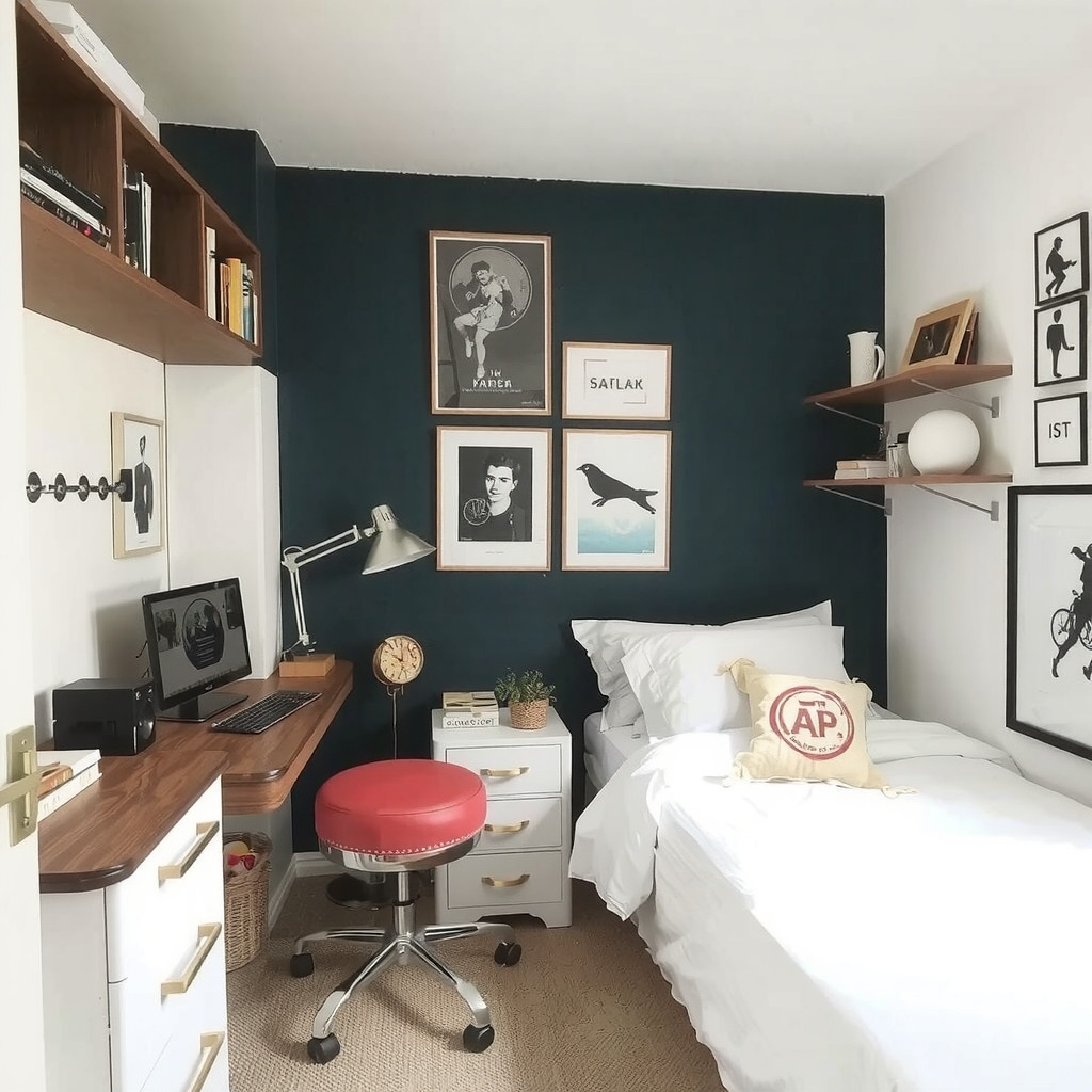 A small bedroom with a multi-functional desk and a comfortable bed