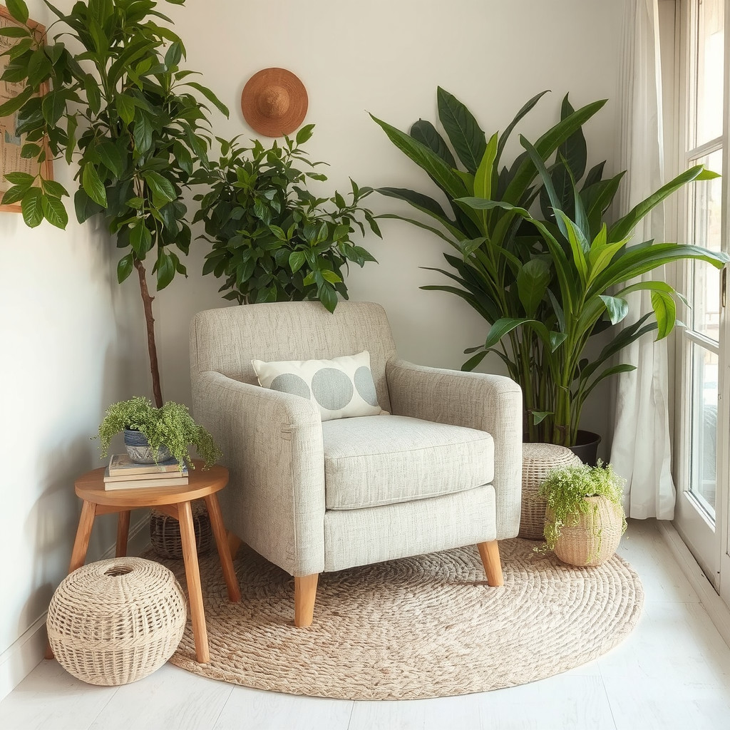 A cozy reading nook with a linen armchair and a natural fiber rug