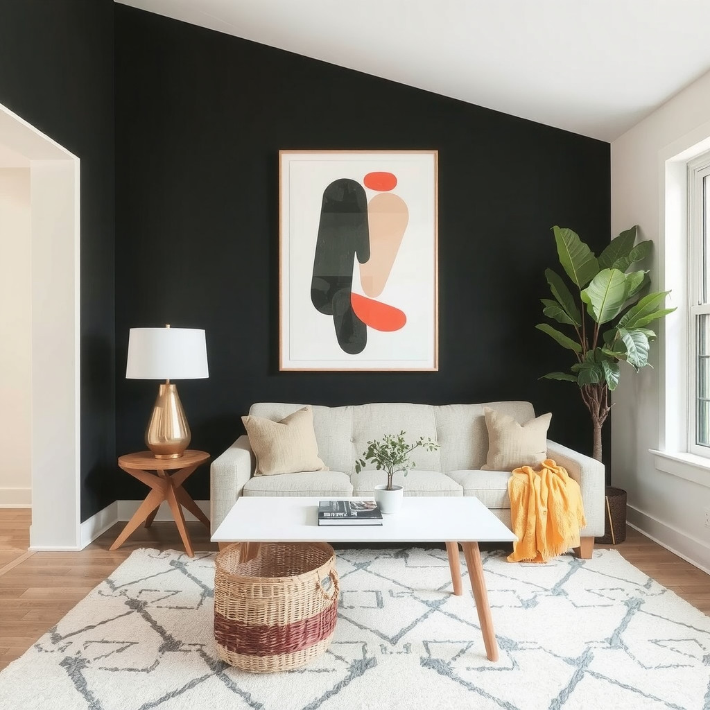 A small living room with a statement wall and a bold piece of art
