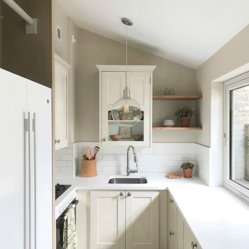 A small kitchen with a pendant light and a large window