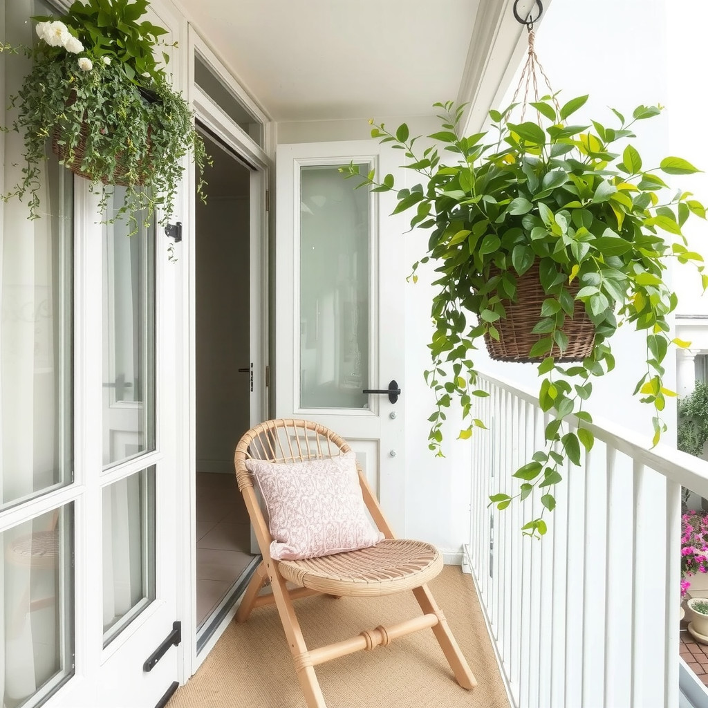 A small balcony with a hanging basket of greenery and a comfortable chair