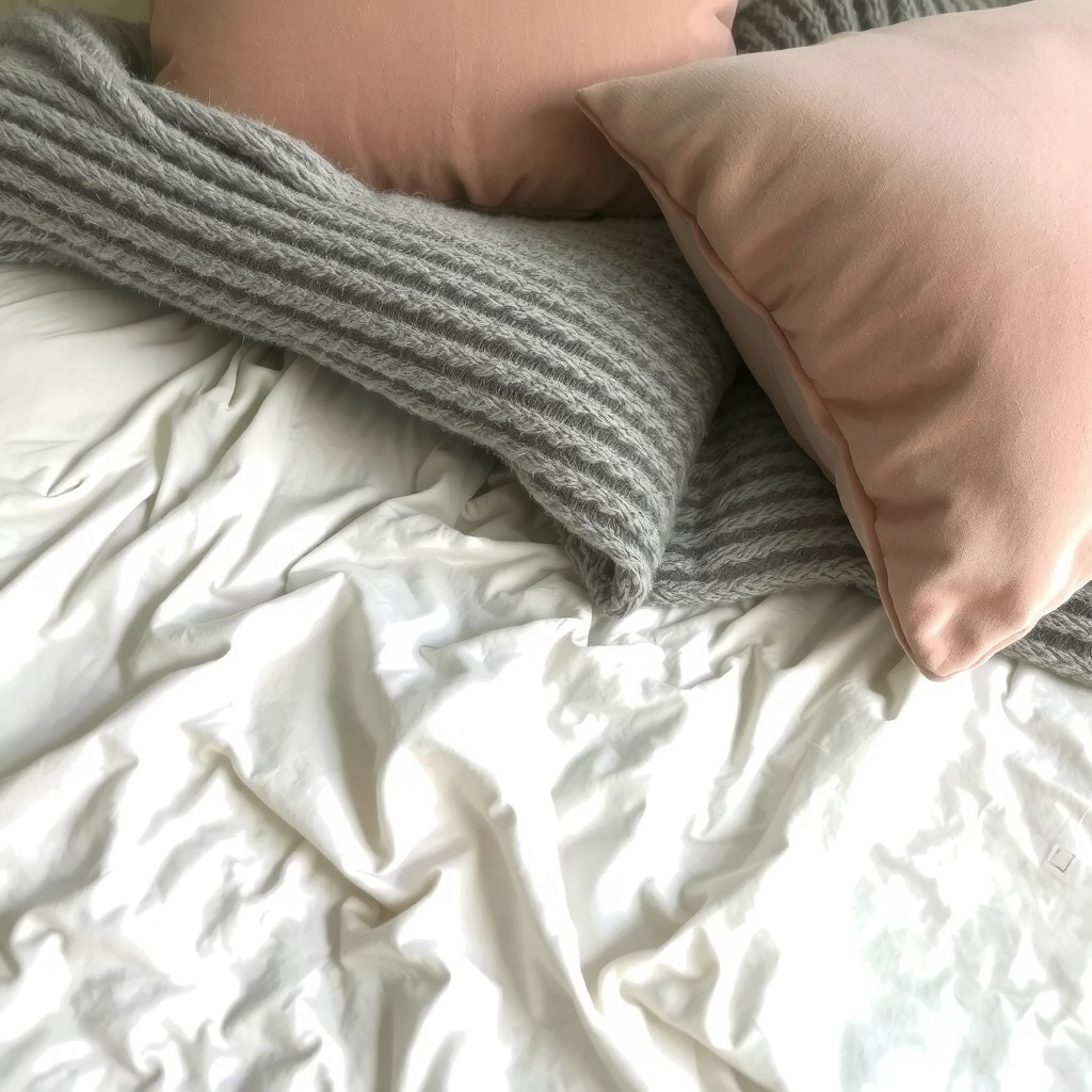 Close up of layered linen and velvet bedding textures